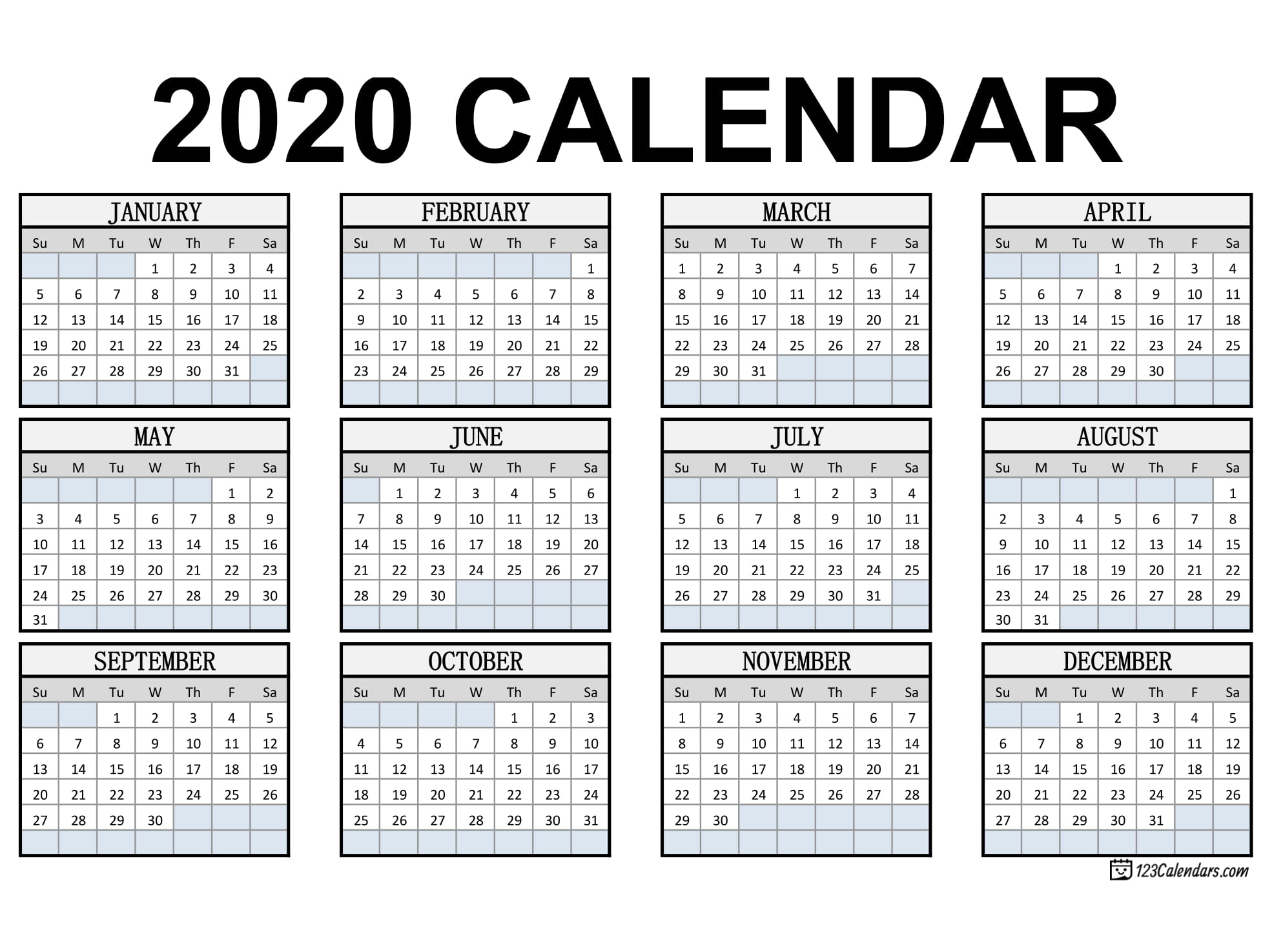 2020 Yearly Calendar Printable Printable Calendar 2023