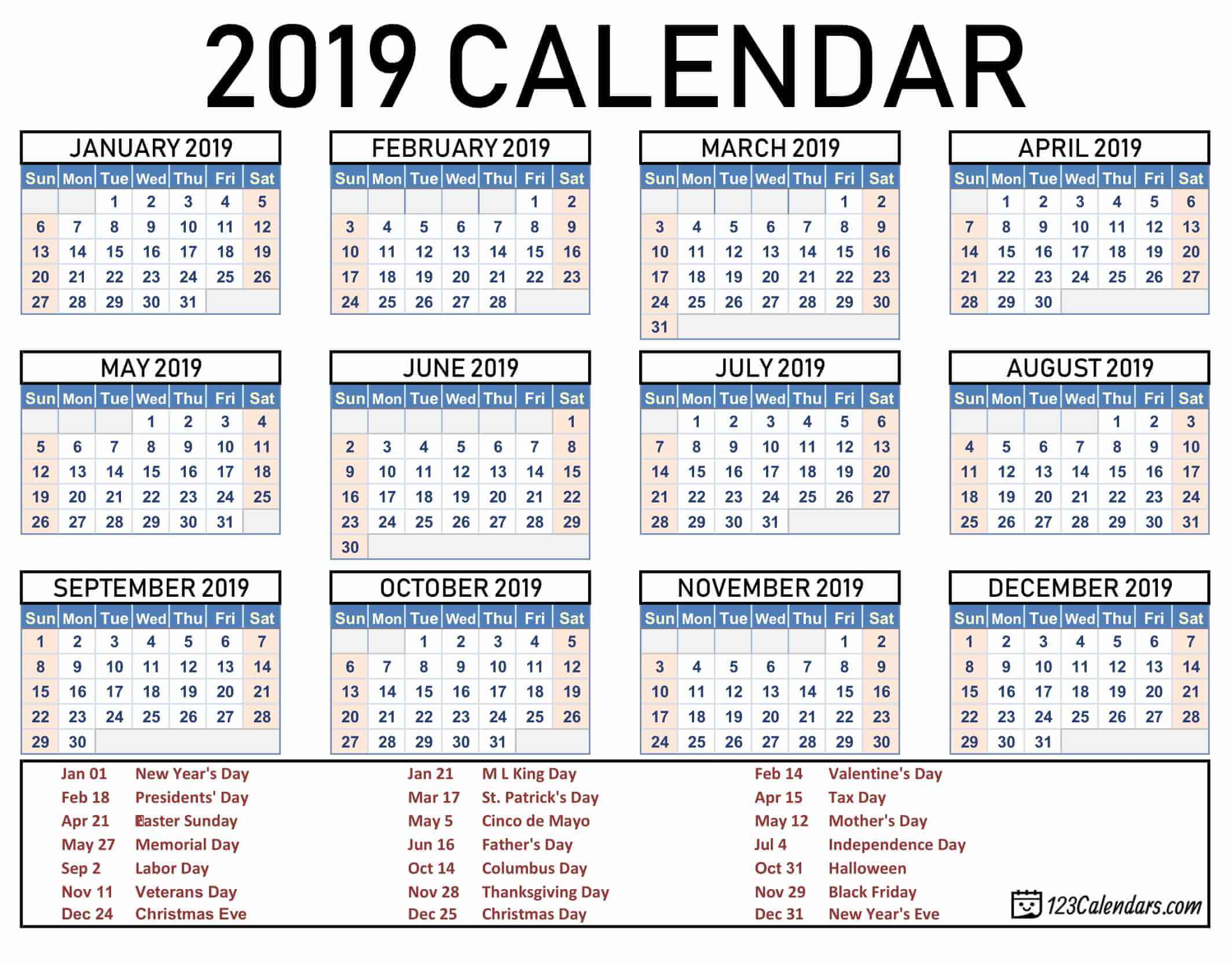 2019 monthly calendar template microsoft word