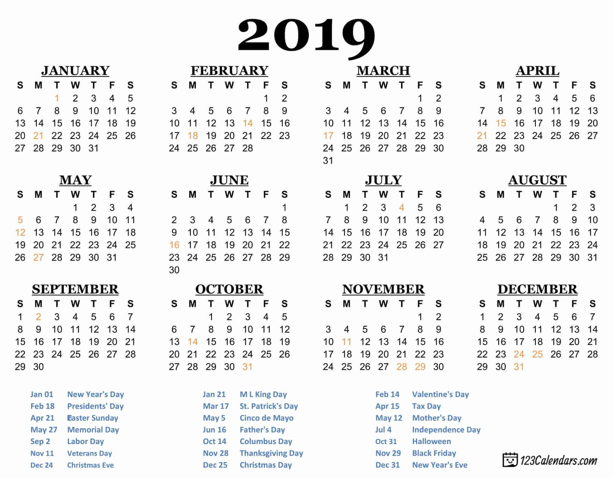 2019 Printable Calendar - 123Calendars.Com