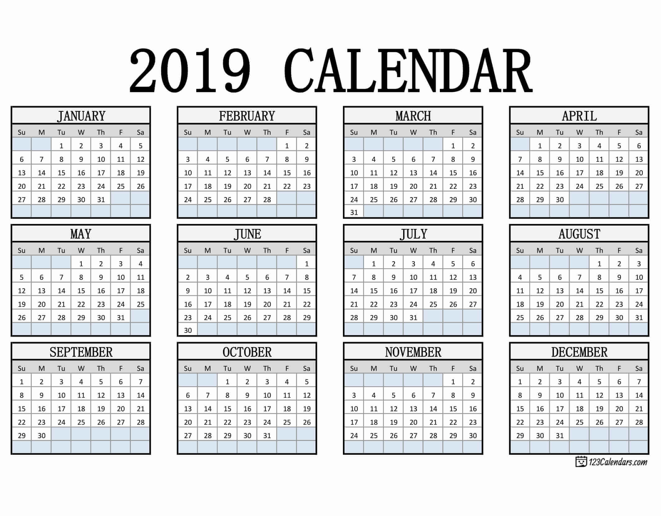 Free Printable 2019 Calendar 123Calendars com