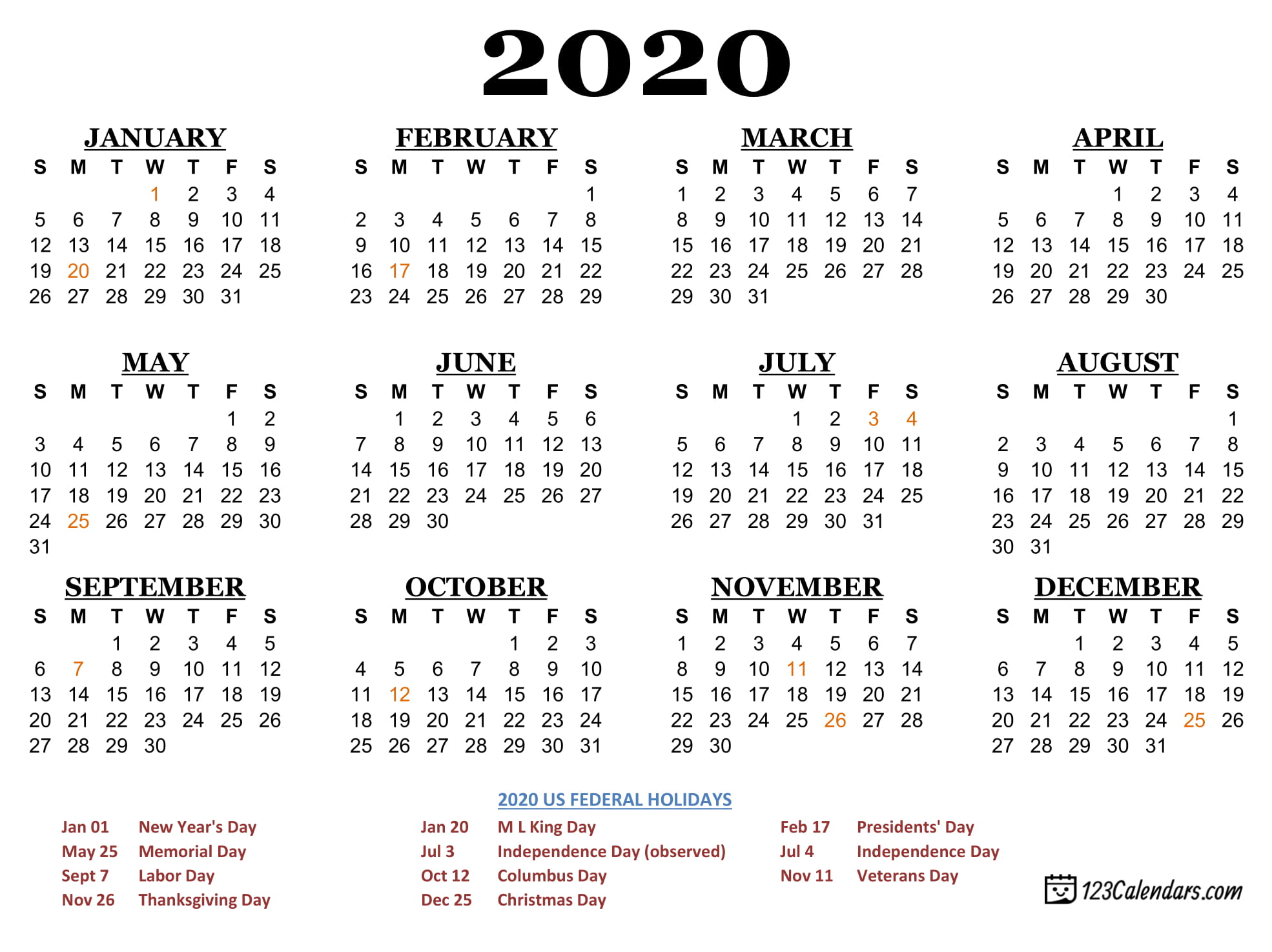 Free Printable 2020 Yearly Calendar With Holidays - Riset