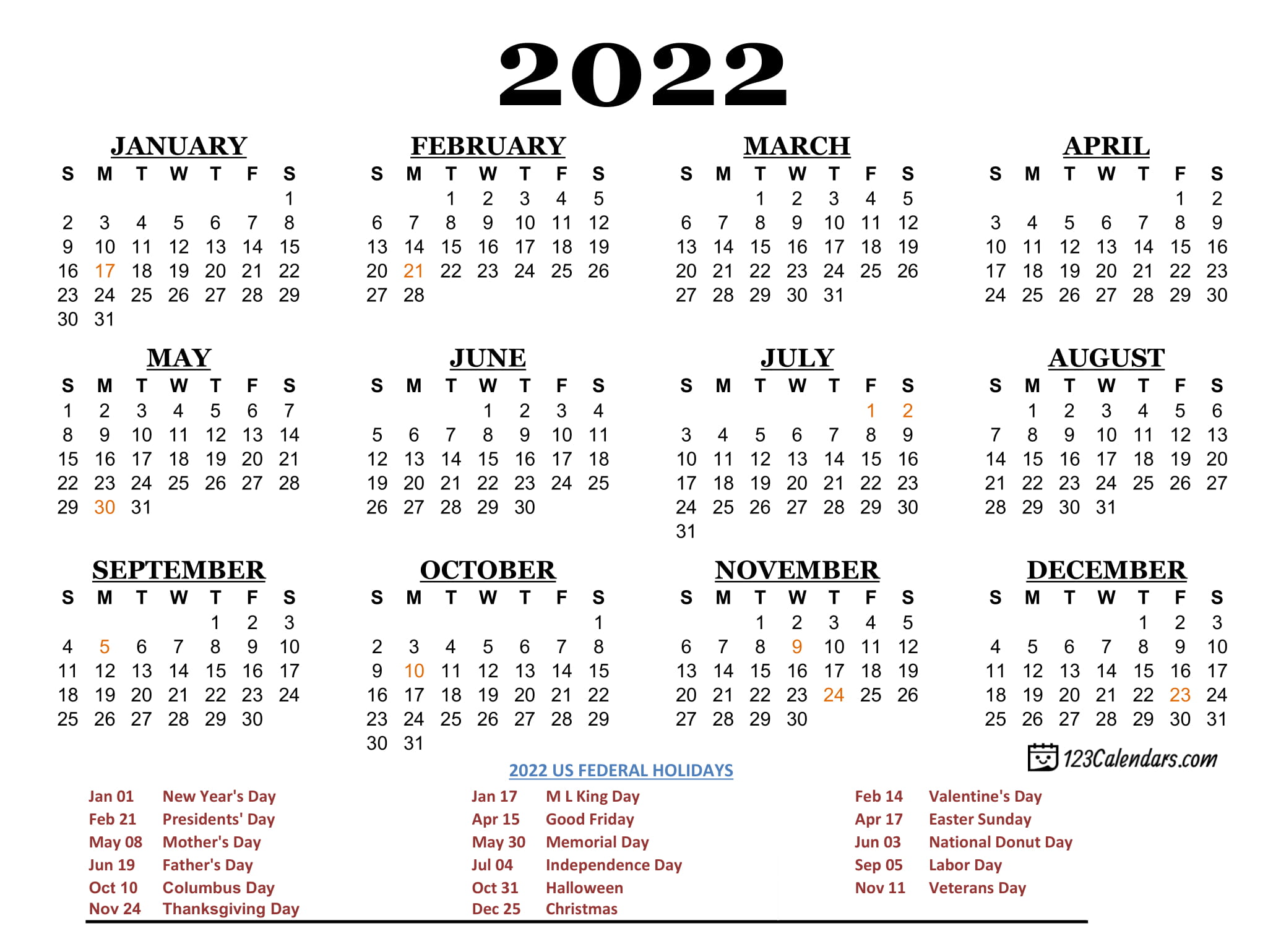 Year 2022 Calendar Templates 123Calendars