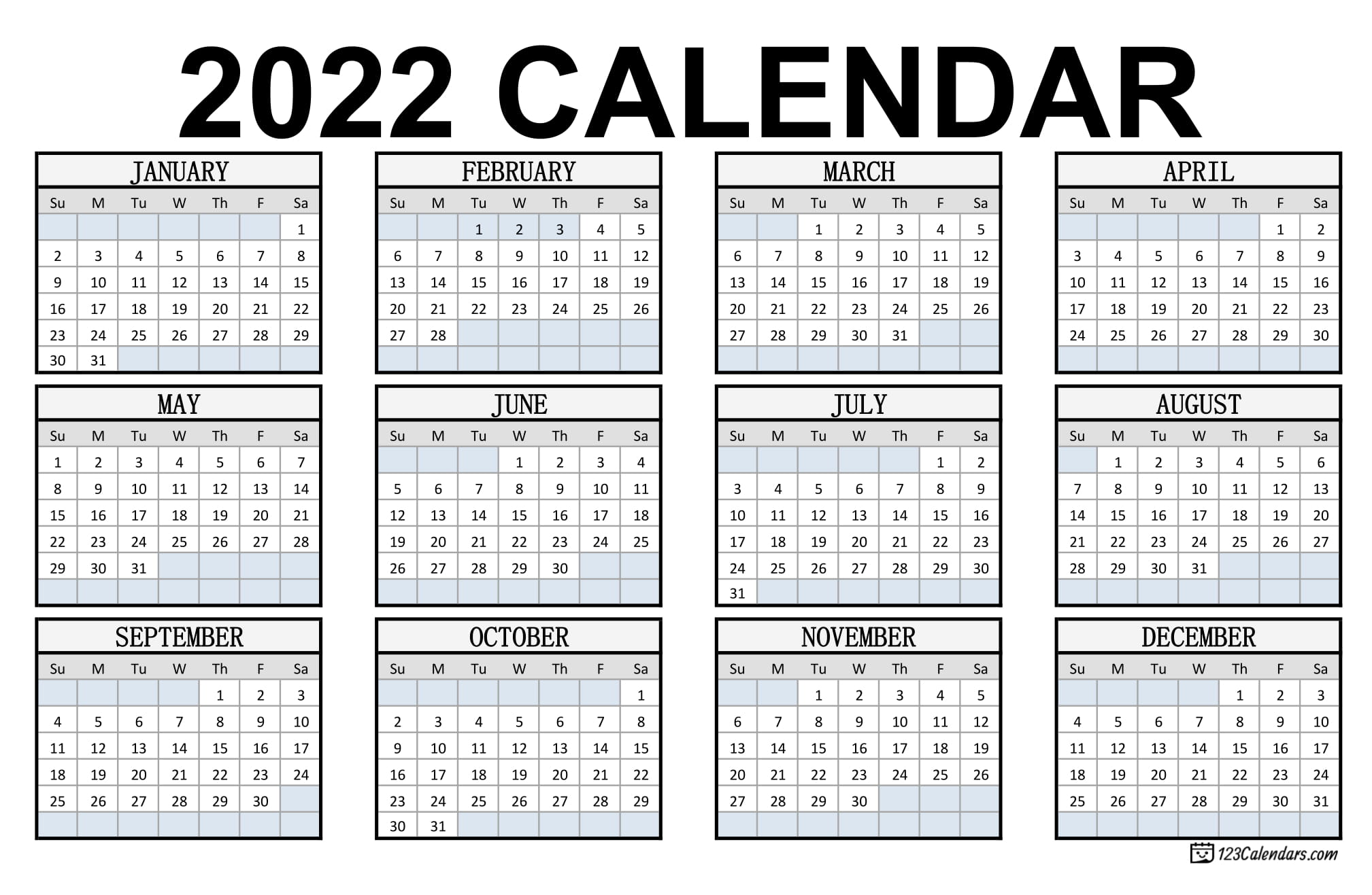Year 2022 Calendar Templates | 123Calendars.com
