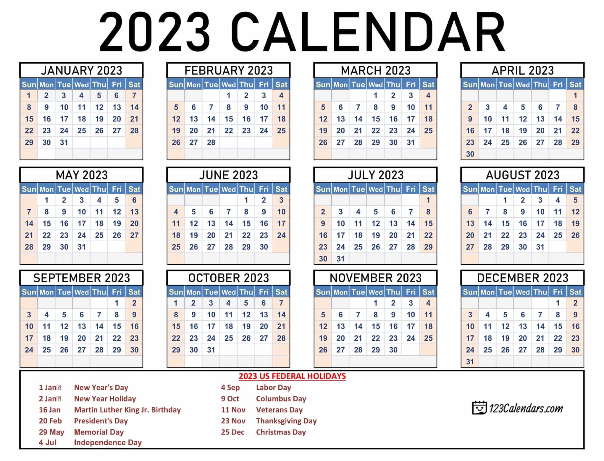 Year 2023 Calendar Templates 123Calendars