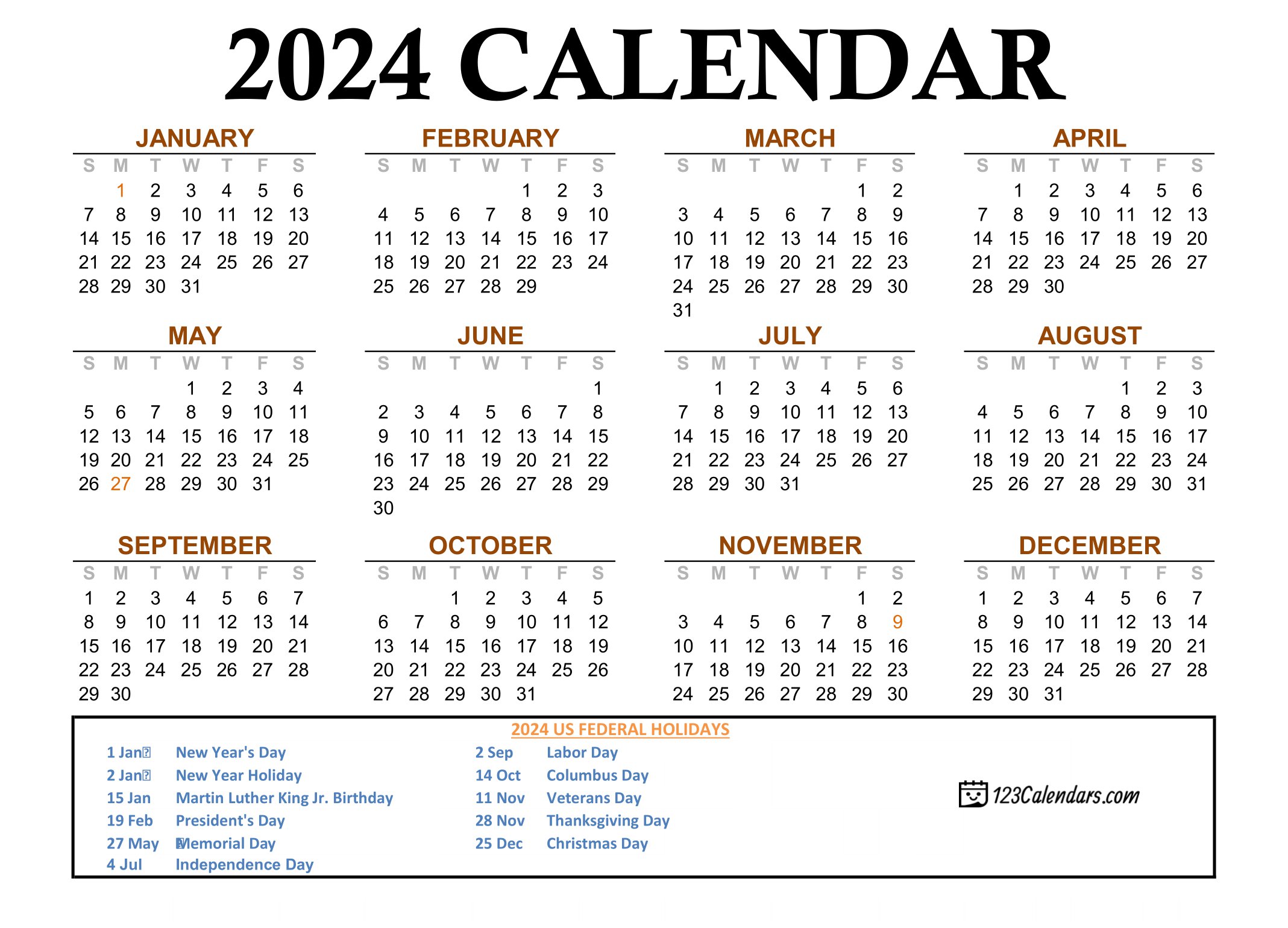 2024 Calendar | Monthly & Yearly Printable Calendars