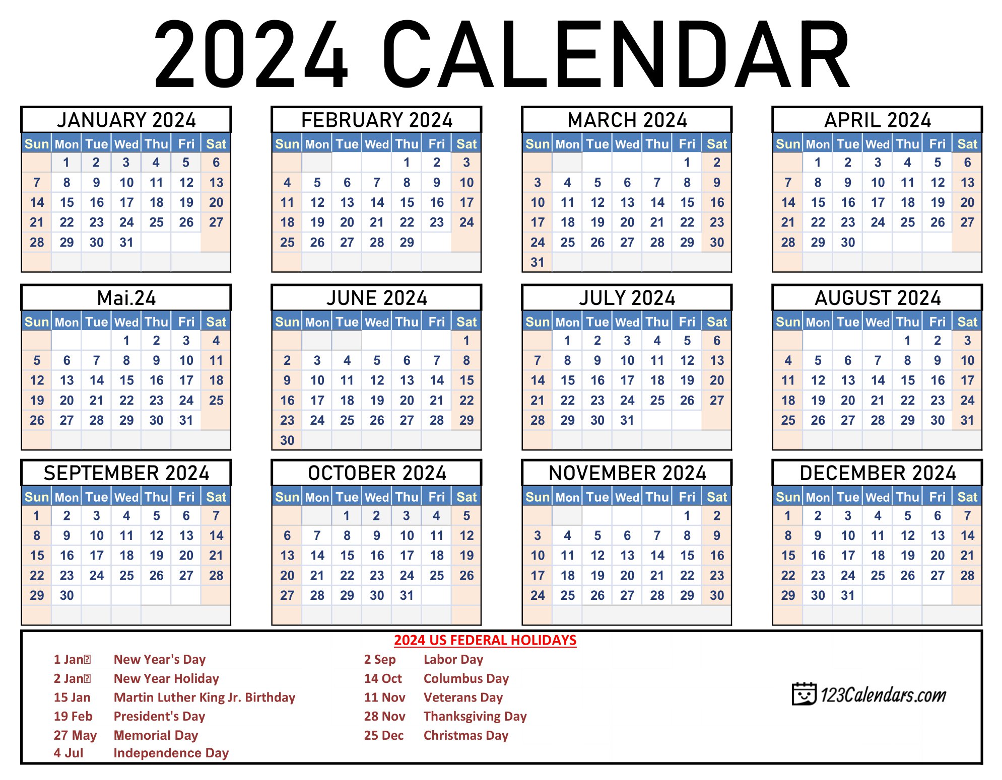 Yearly 2024 Calendar 