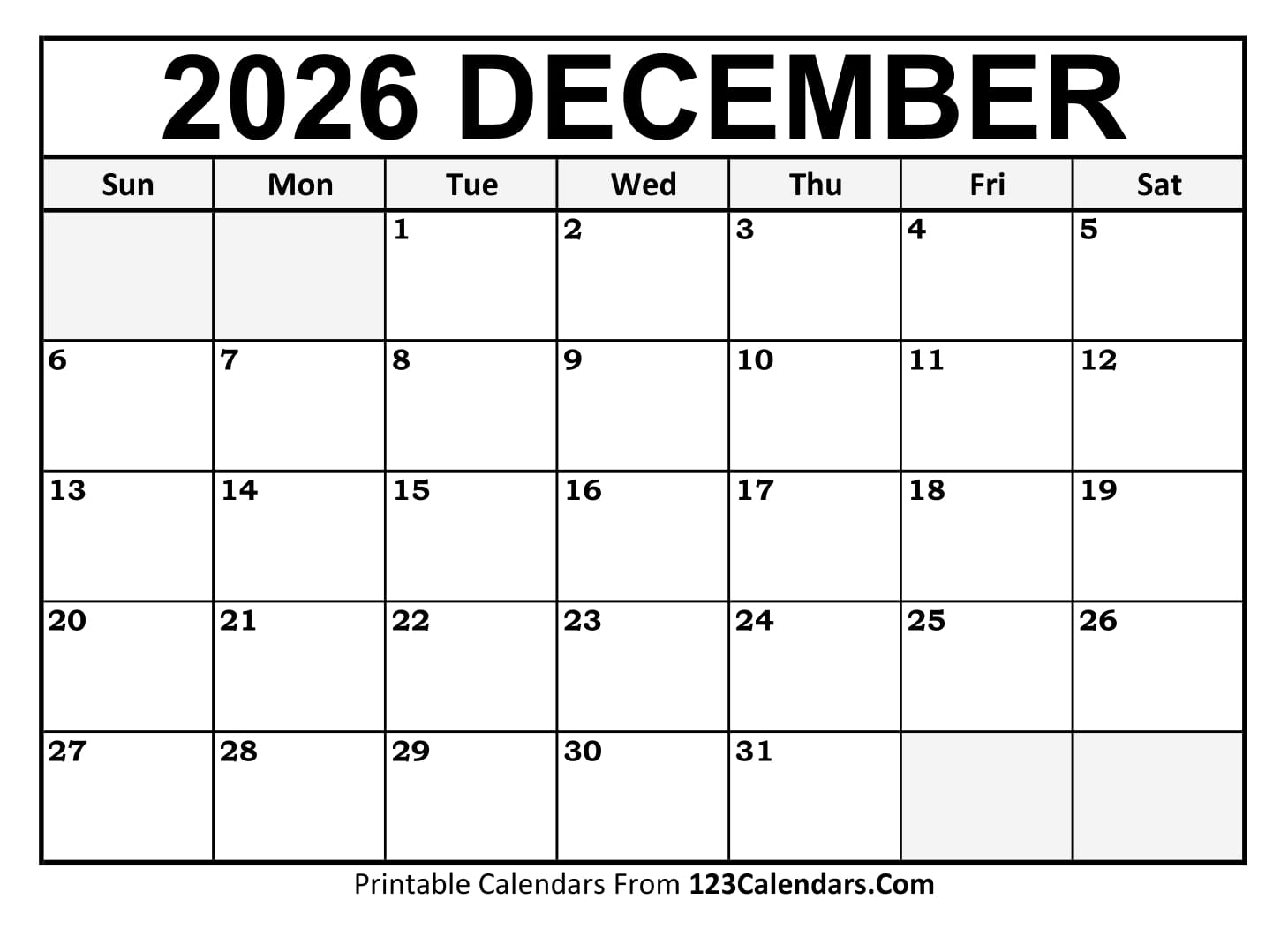 December 2026 Calendar December 2026 Calendar