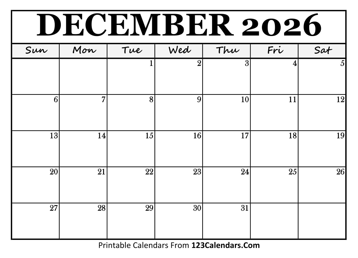 December Calendar 2026 December Calendar 2026