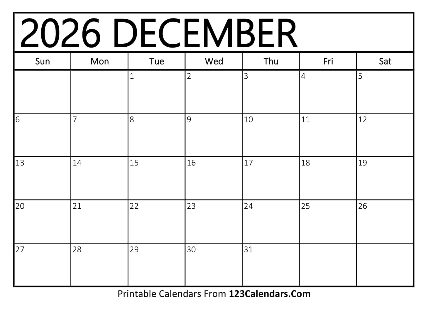 Printable December 2026 Calendar Printable December 2026 Calendar