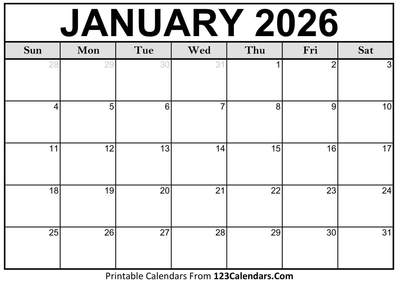 2026 January Calendar