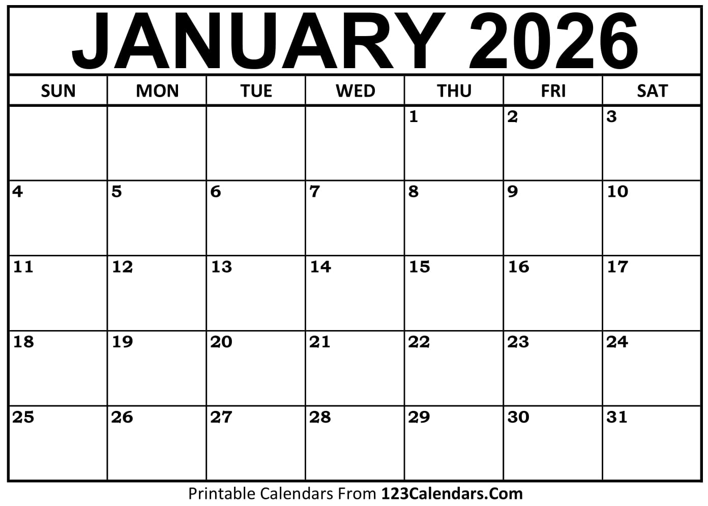 Calendar 2026 January