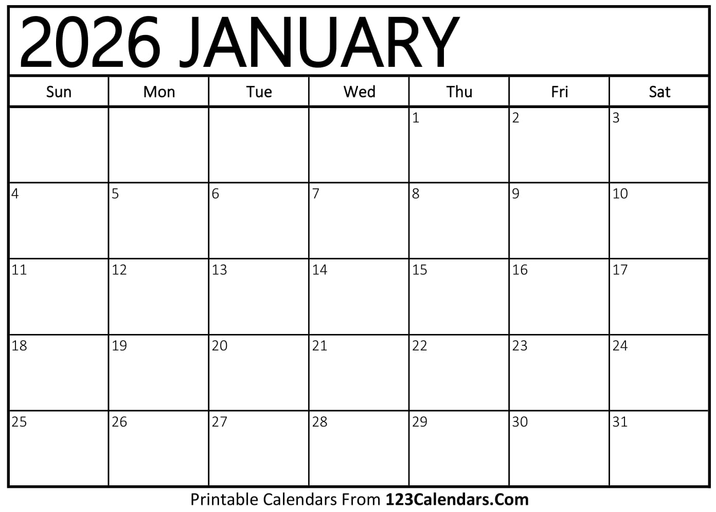 Printable January 2026 Calendar