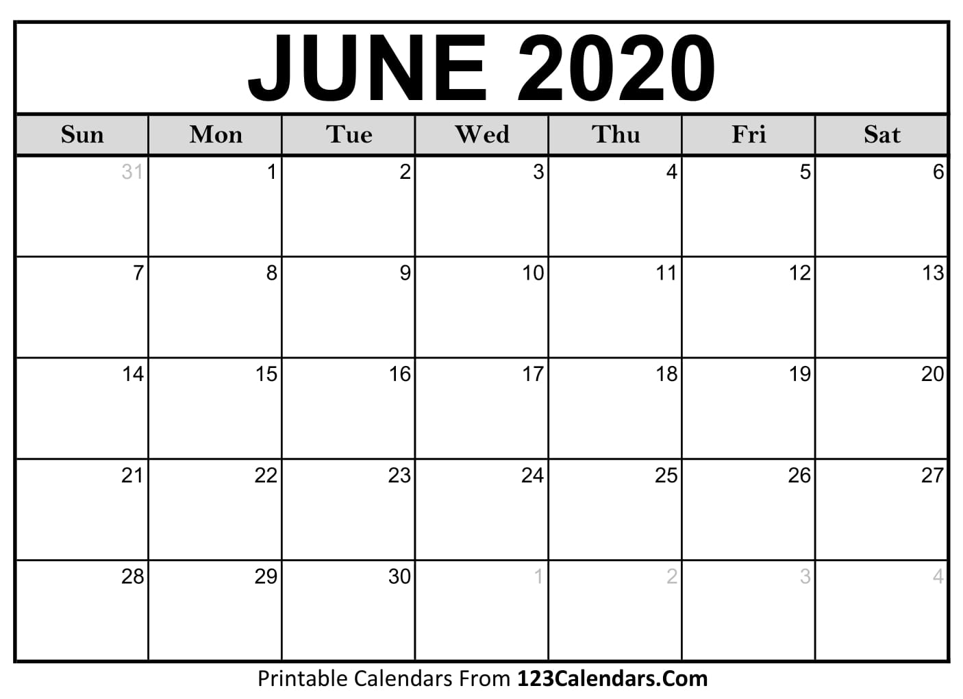 Free June 2020 Calendar 123Calendars