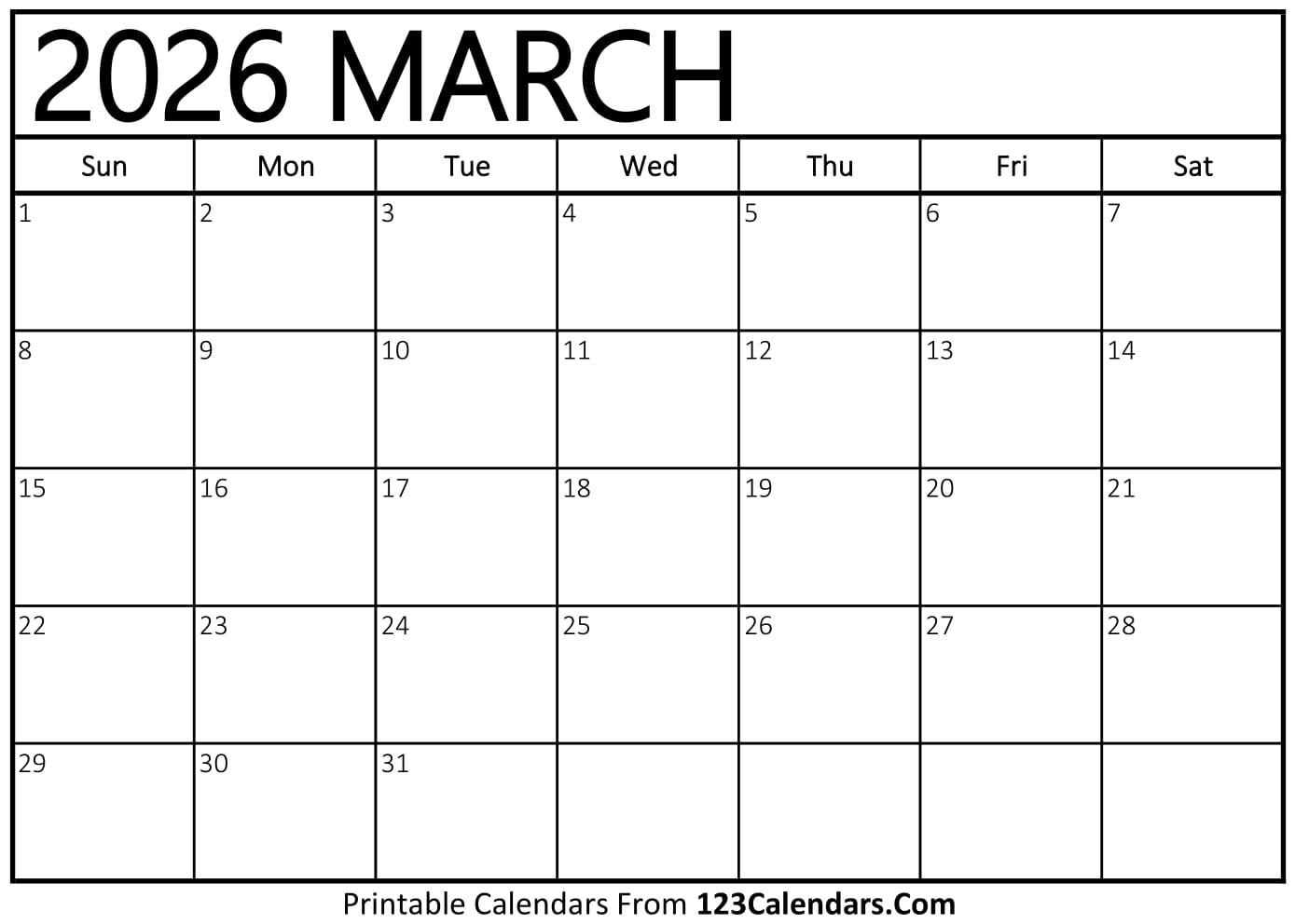 Printable March 2026 Calendar Printable March 2026 Calendar