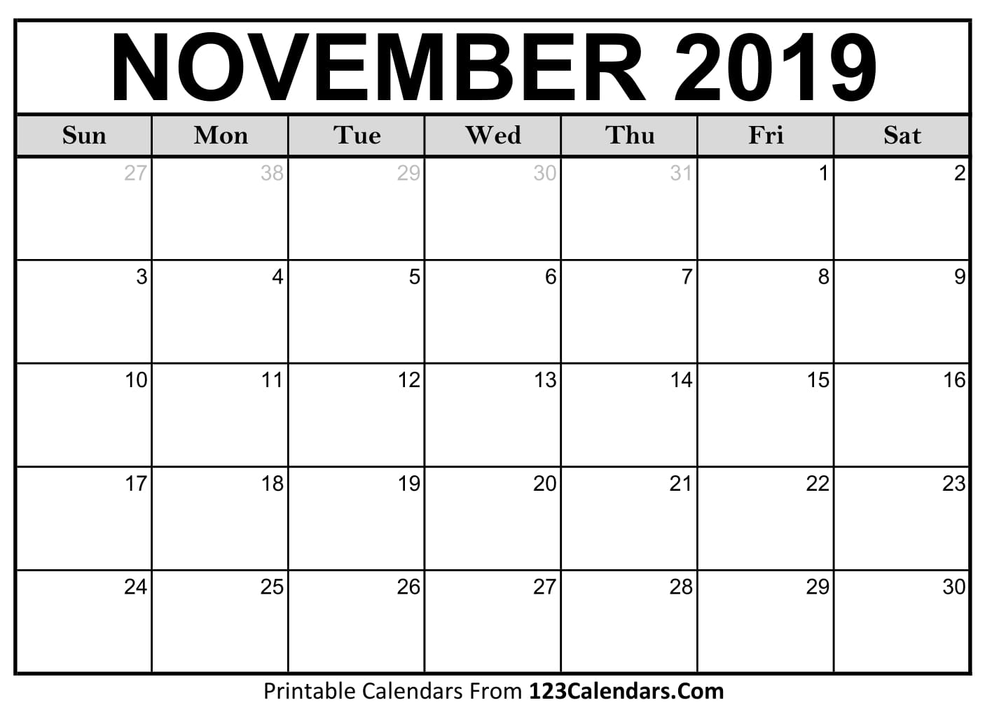 November 2019 Printable Calendar 123Calendars com