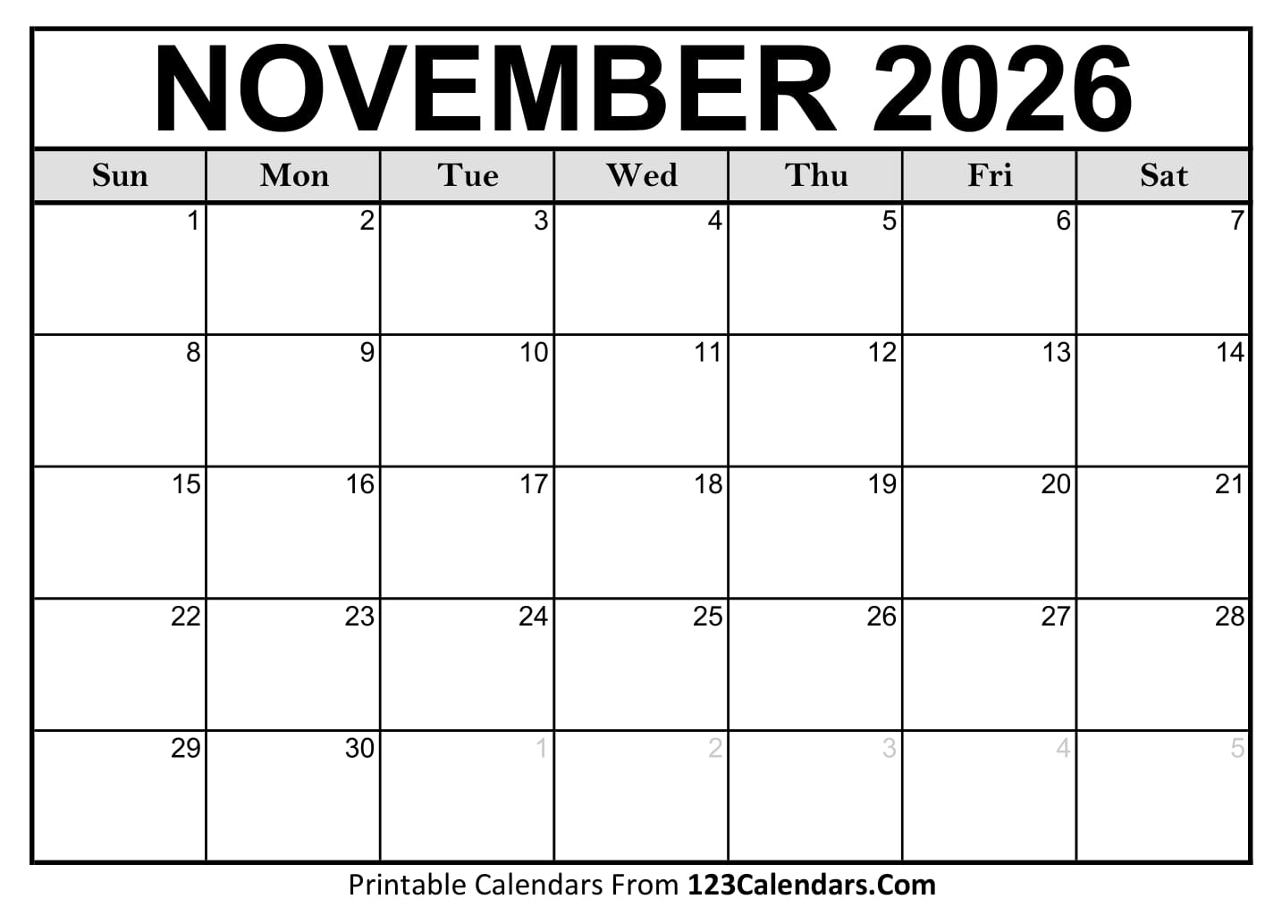 2026 November Calendar