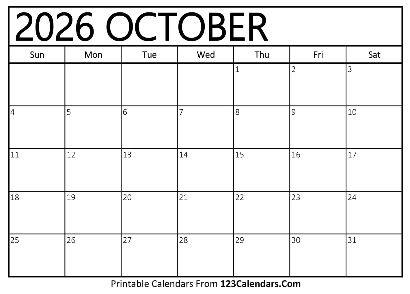 Printable October 2026 Calendar Printable October 2026 Calendar