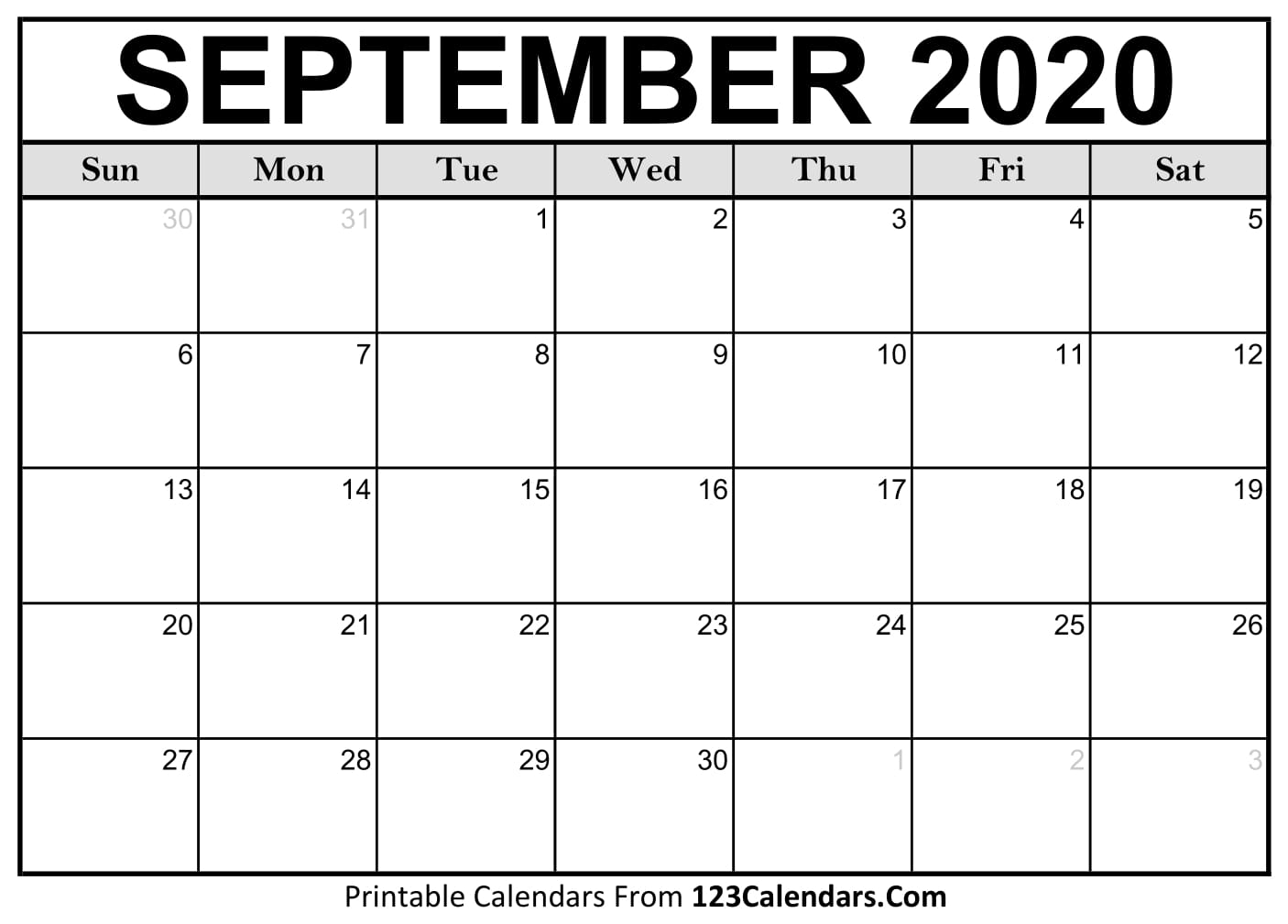 Printable September 2020 Calendar Templates 123Calendars